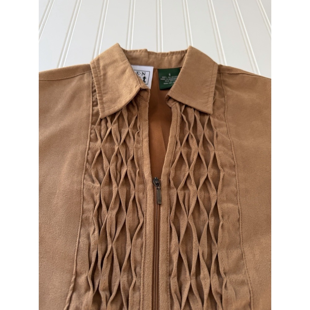 Keren Scott Women's Suede Top‎ Small Brown 3/4 Zip Ruched Long Sleeve